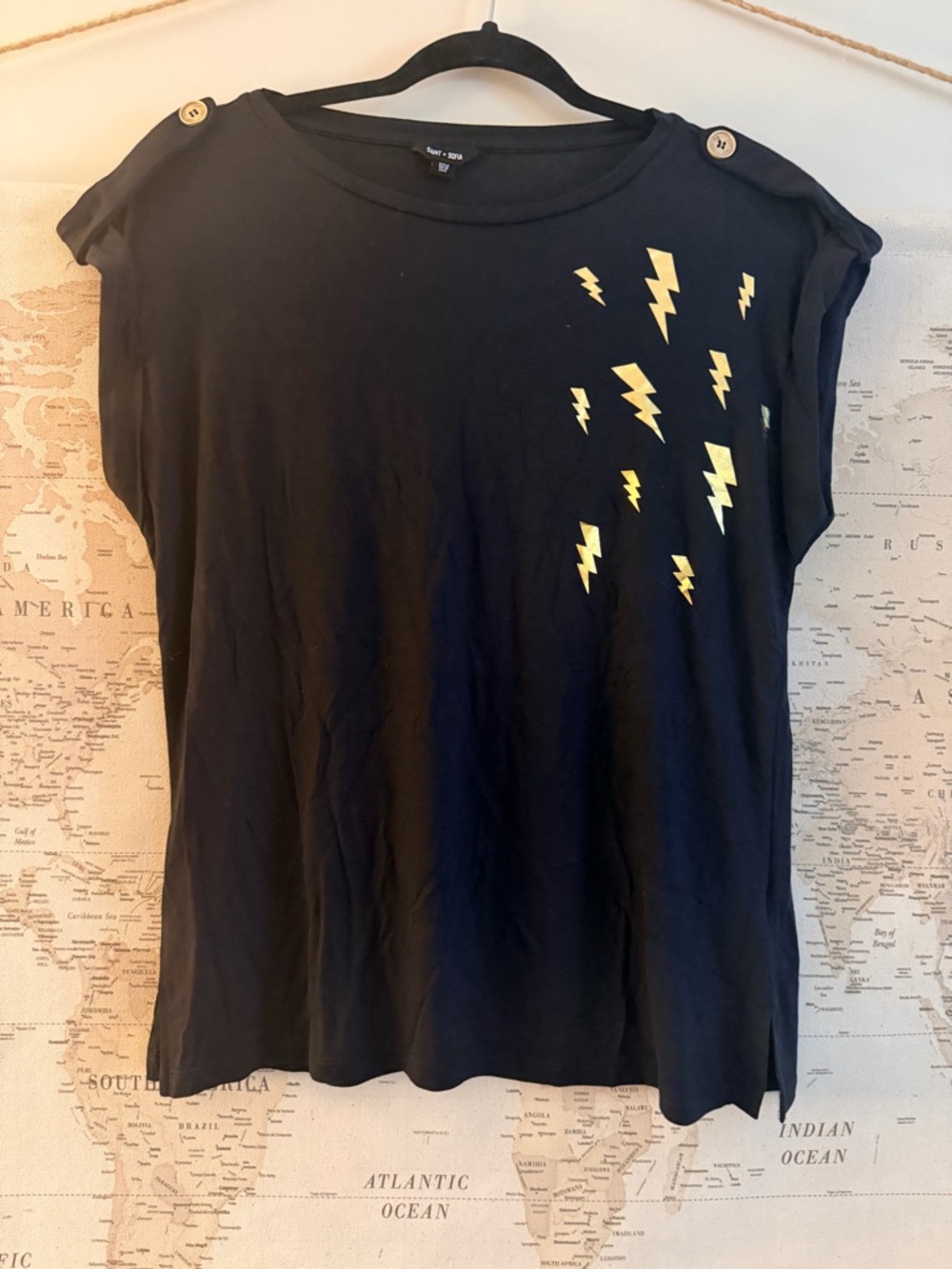 Saint + Sofia Woman's Black Short Sleeve Tee with Gold Lightning Motif - Picture 2 of 10